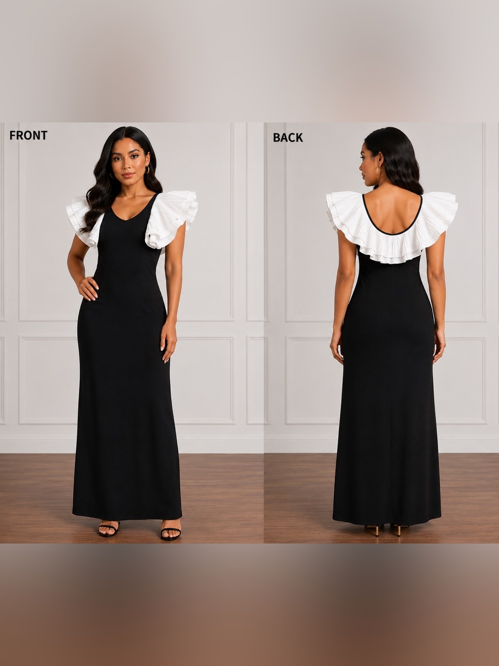 Miss Elliette Black White Ruffle Sleeve Maxi Dress Size 12 Formal Evening Gown